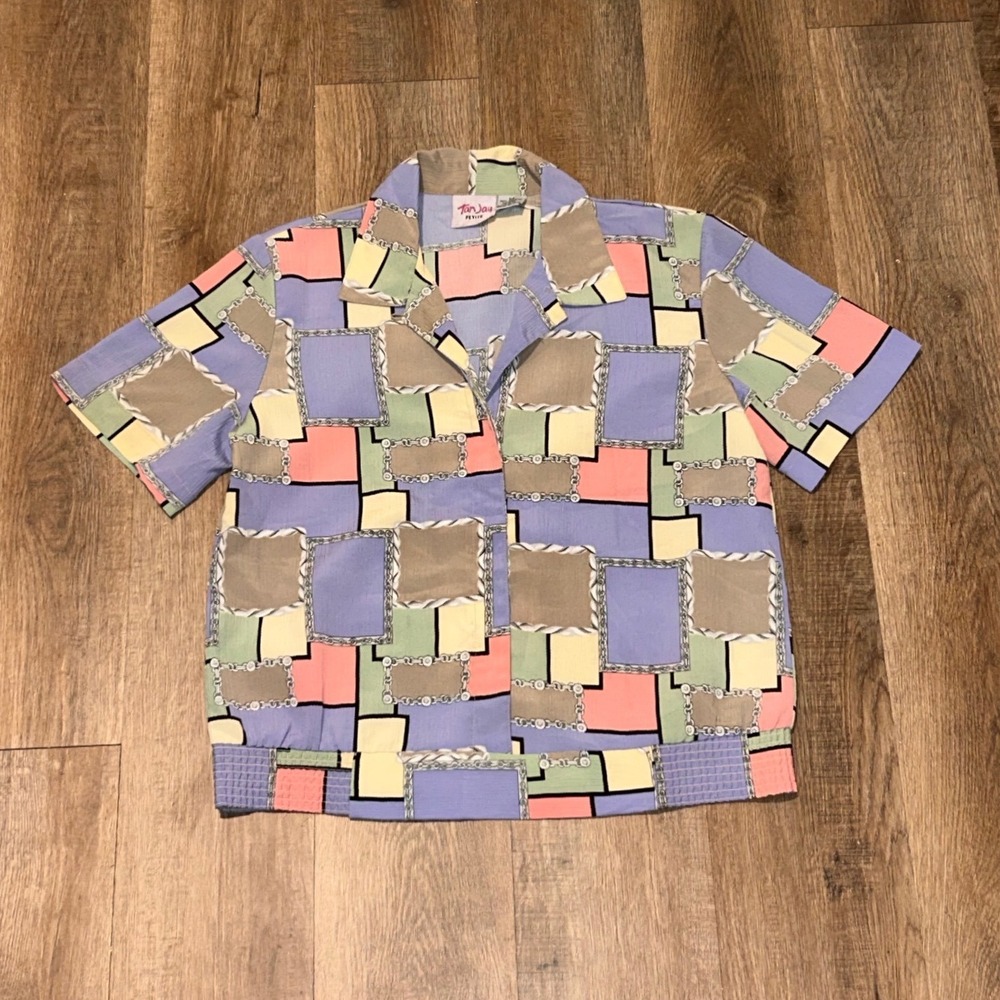 TanJay Petite Vintage Geometric Chain Print Button Down Shirt Pastel XS